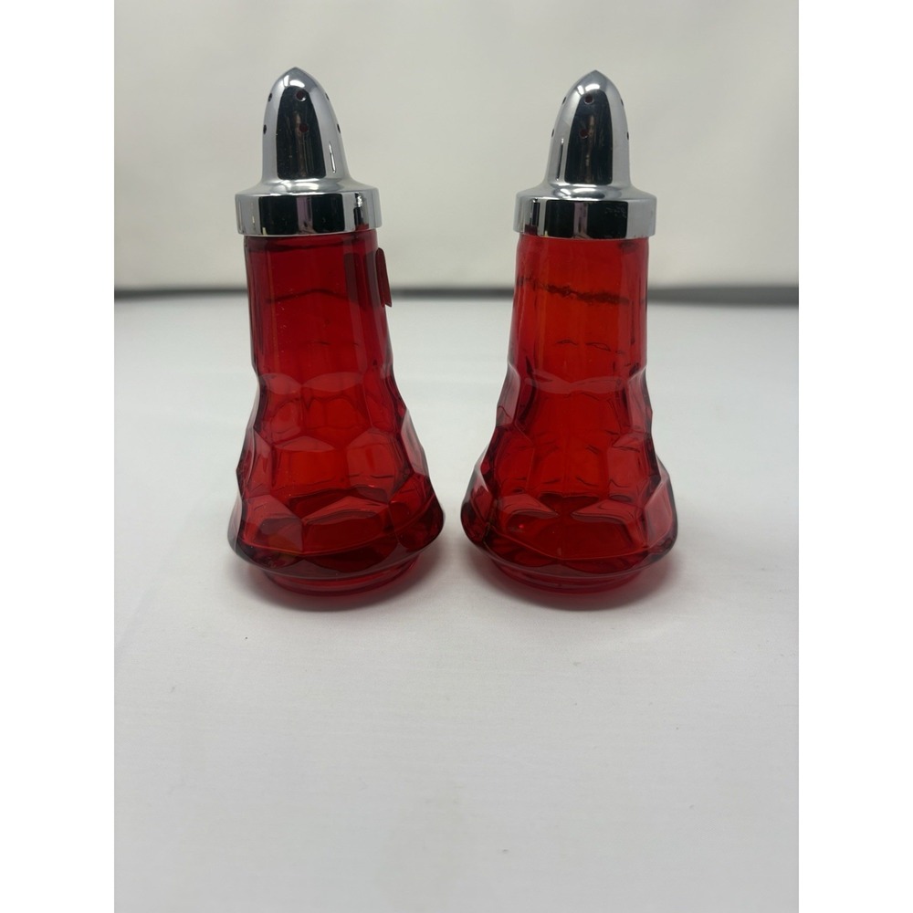 Vintage Viking Georgian Ruby Red Glass Salt Pepper Chrome Lid Honeycomb Faceted